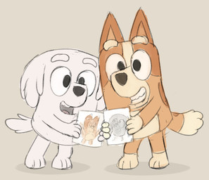 anthro drawing_(object) duo female fur happy holding_object looking_at_viewer open_mouth orange_body orange_fur paper simple_background smile standing tail teeth white_body white_fur dtcx97 bluey_(series) bingo_heeler lila_(bluey) australian_cattle_dog canid canine canis cattledog domestic_dog herding_dog maltese mammal pastoral_dog toy_dog 2025 hi_res