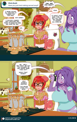 anthro ask_blog big_breasts biped blue_clothing blue_shirt blue_t-shirt blue_topwear bottomwear breasts clothed clothing cooking detailed_background dialogue dialogue_box female food fur grey_eyes hair huge_breasts interrobang kitchen messy panties patreon_logo pattern_bottomwear pattern_clothing pattern_panties pattern_underwear pink_body pink_fur pink_nose red_body red_fur red_hair shirt short_hair speech_bubble striped_bottomwear striped_clothing striped_panties striped_underwear stripes t-shirt text topwear underwear miu patreon jam_(miu) plum_(miu) chipmunk ground_squirrel mammal rodent sciurid 2018 comic digital_media_(artwork) english_text hi_res shaded url