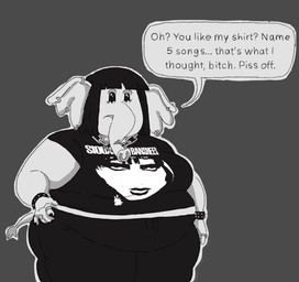 anthro band_shirt bangs belly big_belly black_hair bottomwear bracelet chain_necklace clothing dialogue ear_piercing ear_ring eyeshadow facial_piercing female frown hair jewelry makeup necklace nose_piercing nose_ring obese obese_anthro obese_female overweight overweight_anthro overweight_female pants piercing profanity ring_piercing septum_piercing septum_ring solo speech_bubble spiked_bracelet spikes tail text trunk_piercing glubbub siouxsie_and_the_banshees elise_(glubbub) elephant elephantid mammal proboscidean english_text greyscale hi_res monochrome