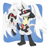 anthro duo fur genitals grey_body grey_fur male penis red_eyes spikes wings foxy_harris nintendo pokemon lucian_silverpaw generation_4_pokemon humanoid lucario pokemon_(species) riolu 1:1