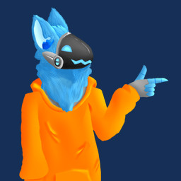 ambiguous_gender blue_body blue_ears blue_eyes blue_fur blue_mouth clothing fur gesture hand_gesture machine orange_clothing pointing protogen_visor smile solo urbanwendigo lynn_(urbanwendigo) protogen 1:1 alpha_channel hi_res
