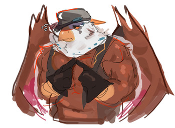 anthro bashful beak brown_body brown_feathers clothing feathers gloves handwear hat headgear headwear male muscular muscular_anthro muscular_male pecs solo topwear vest wings aican6262 xxl_woofia watanabe_hitoha_(xxl_woofia) accipitrid accipitriform avian bird eagle absurd_res hi_res