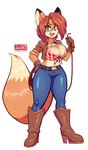 anthro belt belt_buckle big_breasts blue_bottomwear blue_clothing blue_pants boots bottomwear breasts brown_boots brown_clothing brown_footwear brown_gloves brown_handwear brown_jacket brown_topwear buckle cleavage clothed clothing cowboy_boots crop_top dipstick_ears dipstick_tail ear_markings female fluffy fluffy_tail footwear front-tie_top fur gloves green_eyes hair handwear high_heeled_boots high_heels holding_object holding_rope jacket looking_at_viewer markings multicolored_ears open_clothing open_jacket open_mouth open_topwear orange_body orange_fur orange_hair pants rope shirt shoes simple_background solo standing tail tail_markings topwear white_background jamoart scarlett_(furrybound) canid canine fox mammal 2022 absurd_res hi_res