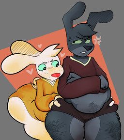 anthro belly_hair bent_over big_butt black_body black_clothing black_ears black_eyes black_fur black_hair black_nose black_underwear blue_sclera body_hair brown_clothing brown_robe buckteeth butt butt_grab clothing cross-popping_vein crossed_arms duo female freckled_face freckles front_view fur grey_body grey_fur hair hand_on_butt heart_eyes heart_symbol leg_hair long_ears looking_at_another looking_away male multicolored_body multicolored_clothing multicolored_fur multicolored_robe orange_clothing orange_robe pie_cut_eyes red_nose robe scut_tail short_tail standing tail teeth thick_thighs two_tone_body two_tone_clothing two_tone_fur two_tone_robe underwear white_body white_fur white_hair white_tail awakecore angel_hare the_east_patch angel_gabby angel_zaggy angel hare lagomorph leporid mammal 2025 digital_media_(artwork)