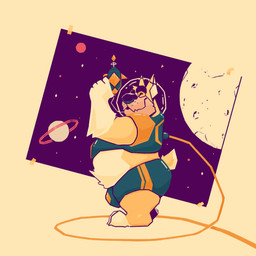 anthro belly belly_tuft big_belly black_eyebrows black_nose blue_bottomwear blue_clothing blue_topwear bottomwear bulge closed_smile clothed clothing cosmic_background eyebrows eyes_closed fur futuristic_gun gloves_(marking) gun holding_gun holding_object holding_ranged_weapon holding_weapon male markings moon mouth_closed overweight overweight_anthro overweight_male planet ranged_weapon side_view smile solo space space_background standing topwear tuft weapon yellow_body yellow_fur chocolateandmilk richard_(chocolateandmilk) canid canine canis domestic_dog mammal 1:1 hi_res