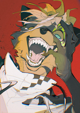 anthro black_body black_claws black_clothing black_ears black_fur black_jacket black_topwear blue_eyes brown_body brown_countershading brown_fur brown_hair checkered checkered_clothing checkered_jacket checkered_topwear claws clothed clothed_anthro clothed_male clothing countershade_face countershade_fur countershade_neck countershading eye_markings fangs finger_claws fur green_markings gums hair hand_on_head hand_on_own_head insane jacket male markings one_eye_closed open_mouth open_smile pattern_clothing pattern_jacket pattern_topwear pink_tongue pupils red_background simple_background smile solo teeth tongue tongue_showing topwear white_clothing white_jacket white_sclera white_topwear chiayeeee canid canine canis mammal wolf 2024 absurd_res bust_portrait chromatic_aberration digital_drawing_(artwork) digital_media_(artwork) hi_res portrait