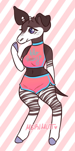 anthro bare_shoulders barefoot biped bottomwear breasts brown_body brown_fur brown_horn brown_tail clothed clothing crop_top dipstick_horn dolphin_shorts eyelashes feet female freckles front_view fur grey_hooves hand_behind_back heart_symbol hooves horn leg_markings markings medium_breasts multicolored_body multicolored_fur multicolored_horn navel ossicone pattern_background pink_background pink_clothing purple_eyes shirt shorts shy simple_background small_waist smile snout socks_(marking) solo standing striped_background striped_body striped_fur striped_horn stripes tail text topwear two_tone_body two_tone_fur two_tone_horn white_body white_fur white_horn white_stripes wide_hips merimutt giraffid mammal okapi 2018 digital_drawing_(artwork) digital_media_(artwork) english_text full-length_portrait hi_res pink_theme portrait watermark