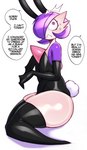 2024 absurd_res bodily_fluids clothed clothing crossdressing dialogue english_text femboy gardevoir generation_3_pokemon hair hi_res humanoid legwear male nintendo not_furry pokemon pokemon_(species) purple_hair saltyxodium simple_background solo speech_bubble sweat text thick_thighs thigh_highs white_background