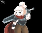 anthro armor bottomwear breasts clothing cosplay crossover_cosplay dragon_slayer_(berserk) female gloves handwear melee_weapon pants scarf solo sword weapon panthera_cantus animal_crossing berserk_(series) nintendo guts_(berserk) isabelle_(animal_crossing) canid canine canis domestic_dog mammal colored crossover hi_res