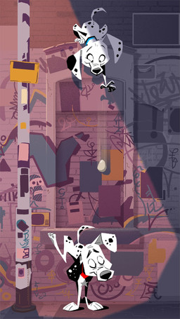 black_collar black_ears black_spots blue_collar collar feral floppy_ears fur heterochromatic_ears red_collar spots urine_pool white_body white_fur white_spots miklos_weigert 101_dalmatian_street 101_dalmatians disney dolly_(101_dalmatians) dylan_(101_dalmatians) canid canine canis dalmatian domestic_dog mammal hi_res official_art