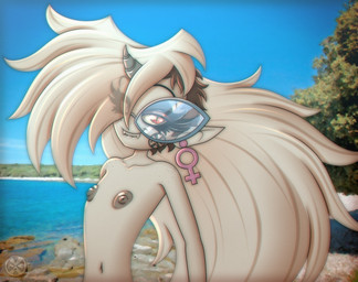 beach bite biting_lip ear_piercing ear_ring eyewear fangs female flat_chested glasses hair horn humanoid_pointy_ears long_hair looking_at_viewer messy_hair nipples not_furry nude outside piercing pointy_ears red_eyes ring_piercing seaside short_hair slim smile solo tattoo teeth white_hair vrabo lsd_(vrabo) humanoid vampire 2021 half-length_portrait hi_res portrait
