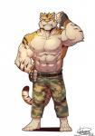 abs anthro barefoot belt biceps big_muscles big_pecs biped blue_eyes bottomwear brown_stripes claws clothed clothing fangs feet fur gloves handwear kemono looking_at_viewer male multicolored_body multicolored_fur muscular muscular_anthro muscular_male nipples pants pecs pink_nipples pink_nose simple_background solo standing stripes tan_body tan_fur teeth topless two_tone_body two_tone_fur white_background yellow_body yellow_fur husky_(artist) koreanhusky felid mammal pantherine tiger hi_res