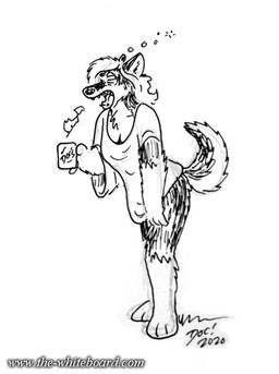 3_toes 4_fingers anthro bent_over beverage bottomless breasts cheek_tuft chest_tuft cleavage clothed clothing coffee_cup container cup eyes_closed facial_tuft feet female fingers gloves_(marking) holding_beverage holding_object inner_ear_fluff leg_markings markings nightshirt open_mouth simple_background socks_(marking) solo standing tired toes tuft yawn doc_nickel the_whiteboard mikittok_qimmiq canid canine canis domestic_dog husky mammal nordic_sled_dog siberian_husky spitz 2020 monochrome sketch