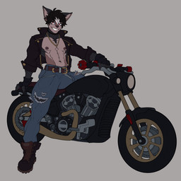 abs anthro belt big_bulge biped bottomwear bulge clothing hair male motorcycle muscular muscular_male pants pecs solo torn_bottomwear torn_clothing torn_pants vehicle castbound russell_(castbound) canid canine canis domestic_dog mammal 1:1 hi_res