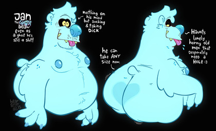alternate_form anthro bear_tail big_butt blue_body blue_fur blue_hair butt claws finger_claws fur hair heart_symbol male nipples obese obese_anthro obese_male overweight overweight_anthro overweight_male solo text tongue tongue_out yellow_eyes bearafterall jan_(bearafterall) bear ghost mammal spirit english_text hi_res model_sheet