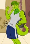 anthro anthrofied bottomwear clothing green_body green_hair hair looking_at_viewer male purple_eyes shirt shorts solo tank_top topwear crissyangel hasbro littlest_pet_shop littlest_pet_shop_(2012) vinnie_terrio gecko lizard reptile scalie 2023 signature