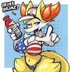 1:1 american_flag_bikini anthro beverage big_breasts bikini bottle braixen breasts camel_toe clothing container dialogue duo female flag_bikini generation_6_pokemon hat headgear headwear hi_res human iniquity joe_biden mammal nintendo open_mouth pokemon pokemon_(species) prime_(beverage) sports_drink swimwear two-piece_swimsuit