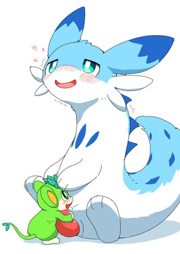 3_toes ambiguous_gender anthro blue_body blue_eyes blue_fur blush chibi duo embarrassed feet fur genitals half-closed_eyes happy hug hugging_another hugging_another's_penis hugging_penis looking_pleasured male male/ambiguous narrowed_eyes open_mouth penis simple_background sitting size_difference tail toes white_background white_body white_fur catfox22 palworld pocketpair chillet pal_(species) tanzee 2024 absurd_res hi_res japanese_description