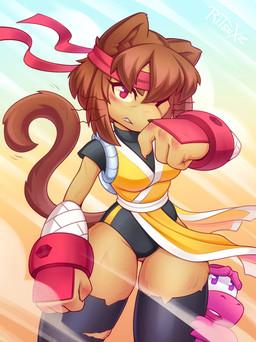accessory angry anthro black_clothing black_legwear black_nose black_stockings breasts brown_hair claws clothed clothing duo female fighting_pose front_view hair headband larger_female legwear looking_at_viewer male medium_breasts open_mouth pink_body pink_scales pose red_eyes scales scratches short_hair simple_background size_difference smaller_male standing stockings teeth thigh_highs tongue toony torn_clothing torn_legwear torn_stockings whiskers ritsuxz gameoverse glitch_productions gobbles_(gameoverse) kit_bodega dinosaur domestic_cat felid feline felis mammal prehistoric_species reptile scalie hi_res