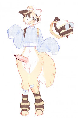 ahoge anthro backpack balls band-aid bandage big_penis bottomless clothed clothing ear_piercing erection feet femboy floppy_ears fur genital_piercing genitals hair hair_over_eye leg_warmers legwear long_sleeves male navel navel_piercing one_eye_obstructed oversized_sleeves paws penis penis_piercing piercing simple_background slim small_waist solo sweater tail topwear white_background wide_hips katsucoffee canid canine canis domestic_dog mammal 2023 hi_res pastel_theme sketch