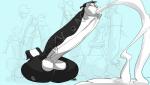 art-act blue_background bodily_fluids cock_transformation cum excessive_cum excessive_genital_fluids genital_fluids human looney_tunes male mammal mephitid orgasm pepe_le_pew public simple_background skunk solo transformation warner_brothers what why