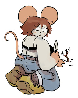 anthro black_bra black_clothing black_underwear boots bottomwear bra brown_hair clothing crouching denim denim_bottomwear denim_clothing ear_piercing female footwear hair holding_trowel jeans leaf looking_back mouse_ears pants piercing plant shoes shrub simple_background solo trowel underwear white_background white_body sonnytherat mammal mouse murid murine rodent 4:5 hi_res