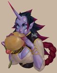 black_nails blue_eyes breasts burger cheese colored_nails comically_large_object dairy_products detailed_food eating female food fruit gold_(metal) gold_jewelry holding_burger holding_food holding_object horn humanoid_pointy_ears jewelry looking_at_viewer nails not_furry onion_rings pickle_(food) plant purple_body simple_background solo tomato botak ao-ni horned_humanoid humanoid 2020 detailed hi_res