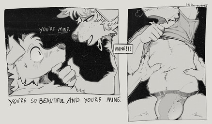 2_panel_comic air_puff anthro blush bulge clothed clothing clothing_lift dialogue duo genitals jockstrap male male/male navel outline penis shirt shirt_lift topwear underwear undressing wide_eyed littlearrowdog canid canine canis domestic_dog mammal hi_res