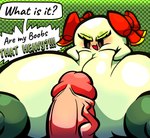 big_breasts black_eyes bow_tie breasts breasts_bigger_than_head dialogue eyelashes genitals green_body green_skin huge_breasts hyper hyper_breasts penis small_but_busty small_but_hung puffylover69 mario_bros nintendo paper_mario lady_bow boo_(mario) ghost spirit waddling_head hi_res