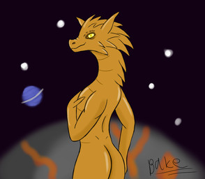 ambiguous_gender anthro butt flat_chested gold_scales hand_on_chest hand_on_hip horn lava looking_at_viewer nude planet pose smile solo space star yellow_eyes bake_a_snake mythology paradox_interactive stellaris dragon mythological_creature mythological_scalie scalie hi_res pinup