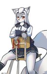 accessory anthro bottomwear chair clothed clothing female furgonomics furniture hair_accessory hair_ribbon jacket on_chair red_eyes ribbons simple_background sitting sitting_on_chair skirt solo straddling_chair tail tail_through_skirt topwear gfox404 onmyoji hakuro_(onmyoji) canid canine canis mammal wolf absurd_res hi_res portrait three-quarter_portrait