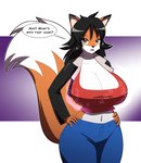 anthro big_breasts black_hair bottomwear breast_expansion breasts cleavage clothed clothing denim denim_bottomwear denim_clothing dialogue expansion female fur hair huge_breasts jacket jeans long_hair looking_at_viewer midriff orange_body orange_fur pants solo speech_bubble text topwear kojiro-brushard jackie_(malkaiwot) canid canine fox mammal 2018 english_text hi_res