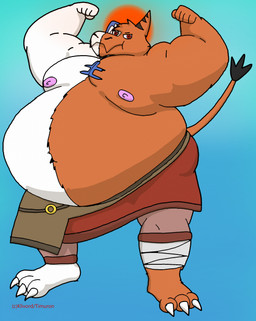 asymmetrical_coloring bicolored_fur bloated flexing floating male moobs nipples overweight powerful timuron i'awa azdov hi_res