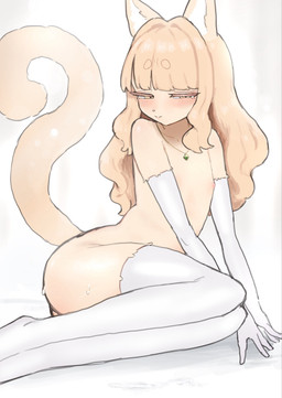 anthro areola blonde_hair blush brown_eyes clothed clothing crossdressing crossdressing_male curly_hair femboy fur hair jewelry kemono legwear long_hair male necklace nipples shota solo tail thigh_highs young young_anthro young_male stefvanian domestic_cat felid feline felis mammal hi_res