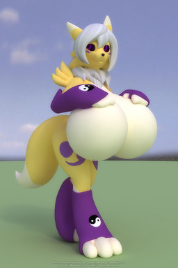 anthro big_breasts breasts featureless_breasts female fur huge_breasts hyper hyper_breasts looking_at_viewer nude pose smile solo white_body white_fur yellow_body yellow_fur anthroanim bandai_namco digimon rina_renamon canid canine digimon_(species) mammal renamon 2:3 3d_(artwork) digital_media_(artwork) hi_res