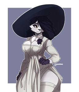 alternate_species alternative_fashion anthro anthrofied black_hair breasts clothed clothing dress female fur furrification goth hair hat headgear headwear simple_background smile solo sun_hat sundress victorian_goth white_body white_fur wide_brim_hat yellow_eyes tanookiluna capcom resident_evil sony_corporation sony_interactive_entertainment alcina_dimitrescu bow_experiment_(resident_evil) cadou_host_(resident_evil) canid canine mammal vampire hi_res