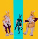 anthro breasts female fur group hair nipples nude simple_background smile tail trio xuyachu bandai_namco digimon epic_games fortnite mythology nintendo pokemon cerberus_(fortnite) canid canid_demon canine canis demon digimon_(species) hellhound mammal mythological_canine mythological_creature renamon taomon hi_res