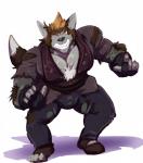 anthro bulge clothing grimace hair looking_at_viewer male plantigrade red_eyes simple_background solo torn_clothing white_background bobert ethoras canid canine canis mammal wolf 2019 hi_res