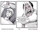 5:4 breasts cleavage clothed clothing comic demon demon_humanoid dialogue duo elderly_male english_text eyewear female glasses hi_res human humanoid husband_and_wife male mammal married_couple not_furry peach88 text url