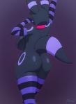 anthro anthrofied armwear breasts butt butt_focus clothing collar female legwear pattern_clothing pattern_legwear pokemorph rear_view side_boob simple_background solo striped_clothing striped_legwear stripes miso_souperstar nintendo pokemon obvious_(character) eeveelution generation_2_pokemon pokemon_(species) umbreon 2018 absurd_res hi_res