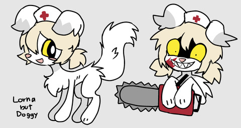 anthro black_eyes blonde_hair blood blush bodily_fluids breasts chainsaw clothing female fur hair hat headgear headwear nurse nurse_clothing nurse_headwear power_tool saw smile solo tail tools white_body white_fur yellow_eyes riagaras terrible_mouse lorna_(terrible_mouse) canid canine canis domestic_dog mammal hi_res