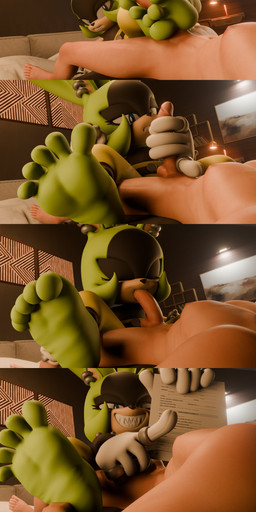 5_toes anthro clothing duo feet fellatio female female_on_human foot_fetish foot_focus foot_play footjob gesture gloves green_body green_skin grin hand_gesture handjob handwear human_on_anthro humanoid_feet humor interspecies job_application male male/female male_on_anthro oral penile plantigrade pointing pun sex sharp_teeth smile soles teeth toes livevil027 idw_publishing sega sonic_the_hedgehog_(comics) sonic_the_hedgehog_(idw) sonic_the_hedgehog_(series) surge_the_tenrec afrosoricid human mammal tenrec 2026 3d_(artwork) absurd_res digital_media_(artwork) hi_res