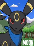 black_body black_fur blue_kerchief blue_sky cloud day feral forest fur grass hill hillside kerchief looking_at_viewer male mountain plant pupils red_sclera sky solo tree dysart nintendo pokemon eeveelution generation_2_pokemon pokemon_(species) umbreon 2022 cel_shading digital_drawing_(artwork) digital_media_(artwork) hi_res shaded