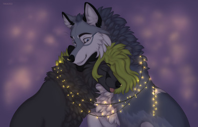 black_nose blep blue_eyes countershading cozy duo eyebrows eyes_closed female feral fluffy fur garland green_hair grey_body grey_fur hair light lights looking_at_another looking_at_partner male male/female pink_background simple_background smile text tongue tongue_out white_body white_fur taka_(artist) a.o.kigahara taka_fox canid canine canis fox mammal wolf 2022 artist_name bust_portrait colored detailed digital_drawing_(artwork) digital_media_(artwork) hi_res portrait shaded signature
