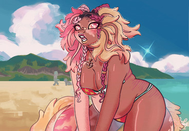 accessory anchor anthro bandage bandage_on_face bandage_on_nose beach big_breasts big_tail bikini black_hair blush box_braids braided_bun braided_hair breasts brown_body brown_skin choker clothing cloud female flag_bikini fur glistening glistening_body glistening_skin hair hair_accessory hair_bun hair_extensions hair_ring hanging_breasts huge_tail jewelry jiggle_physics leaning_over leash lips lipstick long_hair looking_down makeup mottled mottled_body mottled_skin mountain multicolored_body multicolored_fur multicolored_hair necklace overweight painted_background parody pendant piebald piebald_body piebald_skin pink_eyes pink_hair pink_lips presenting presenting_breasts pupils screencap_redraw sea shocked solo stretch_marks swimwear tail thick_lips two-piece_swimsuit two_tone_body two_tone_fur two_tone_hair vitiligo water white_body white_pupils white_skin yellow_lips yellow_sclera princefizz chainsaw_man korneliusz_heinrich-wozniak_(princefizz) nneka_(princefizz) amphibian axolotl axolotl_humanoid marine mole_salamander salamander 2d_animation animated digital_media_(artwork) hi_res live2d_cubism_(artwork) motion_tweening trans_(lore) trans_woman_(lore)