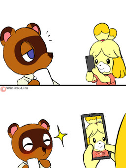 anthro black_nose blonde_hair blue_eyes blush brown_body brown_fur clothed clothing daww duo emanata facial_markings female fur hair head_markings holding_object humor male markings mask_(marking) misunderstanding prank selfie shirt simple_background smile taking_picture topwear white_background yellow_body yellow_fur winick-lim animal_crossing nintendo isabelle_(animal_crossing) tom_nook_(animal_crossing) canid canine canis domestic_dog mammal raccoon_dog shih_tzu tanuki toy_dog 3:4 absurd_res aliasing comic digital_media_(artwork) hi_res