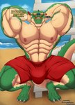 abs anthro beach biceps big_bulge big_muscles blush bottomwear bulge clothed clothing crouching exclamation_point hands_behind_head heart_symbol looking_at_viewer male muscular muscular_anthro muscular_male nipples pants pecs seaside smile solo tail text zuwardo league_of_legends riot_games tencent pool_party_renekton renekton crocodile crocodilian reptile scalie hi_res