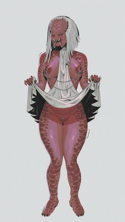 barefoot bottomwear breasts clothed clothing clothing_lift dreadlocks dress dress_lift embarrassed feet female genital_piercing genitals looking_at_viewer piercing shaking skirt skirt_lift solo thick_thighs trembling vulva wushutai27302 predator_(franchise) alien humanoid yautja absurd_res hi_res