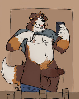 anthro bite bodily_fluids body_hair clothed clothing clothing_lift dripping ear_piercing electronics genital_fluids genital_piercing genitals happy_trail looking_at_viewer male musclegut muscular nipple_piercing nipples penis penis_piercing phone piercing precum precum_drip prince_albert_piercing pubes selfie shirt shirt_lift simple_background slightly_chubby solo standing tongue tongue_bite topwear thrisker canid canine mammal hi_res