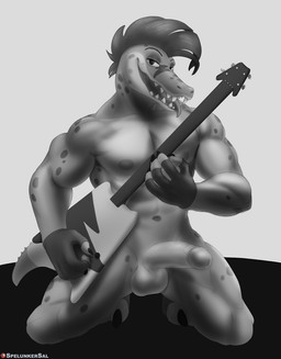 4_fingers anthro balls bass_guitar claws clothing erection facial_tattoo fingerless_gloves fingers genitals gloves gloves_only guitar handwear handwear_only humanoid_genitalia humanoid_hands humanoid_penis kneeling looking_at_viewer male markings mohawk mostly_nude muscular muscular_anthro muscular_male musical_instrument naughty_face naughty_smile navel nipples nude open_mouth patreon_logo patreon_username penis plucked_string_instrument rock_out_with_your_cock_out solo spots spotted_body string_instrument tattoo teeth teeth_showing tongue tongue_out vein veiny_penis website_logo spelunker_sal five_nights_at_freddy's five_nights_at_freddy's:_security_breach patreon scottgames steel_wool_studios montgomery_gator alligator alligatorid crocodile crocodilian reptile scalie greyscale hi_res monochrome shaded